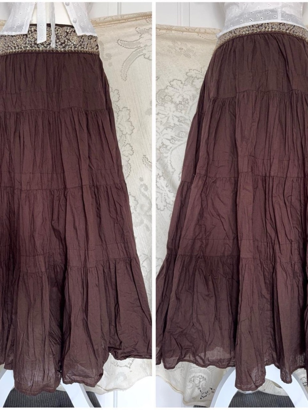 BCBG Vintage Brown Tiered Cotton Maxi Skirt